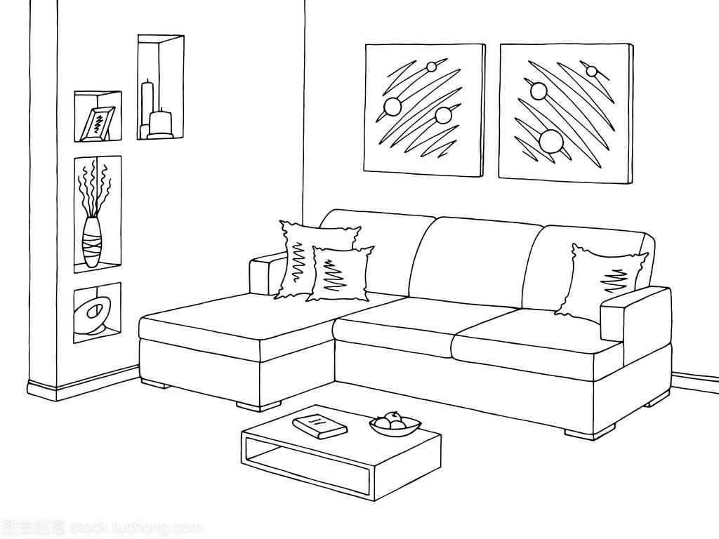 客廳圖 黑白色沙發(fā)與家用電器的素描插畫(huà)矢量藝術(shù)